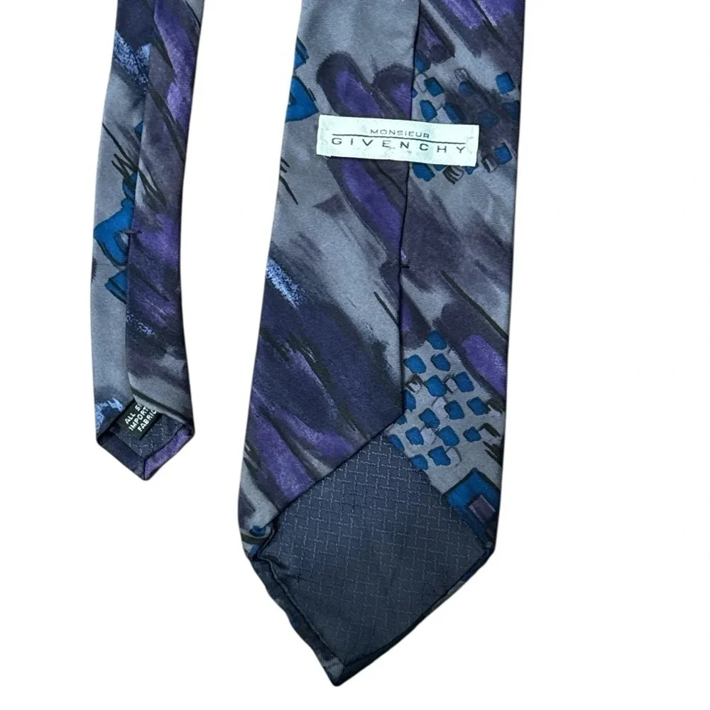 Monsieur Givenchy Vintage Blue Gray Geometric Silk Tie Made in USA